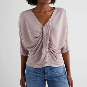 Express Skimming V-Neck Pleated Twist Front Draped Tee NWT Medium Pink Blush